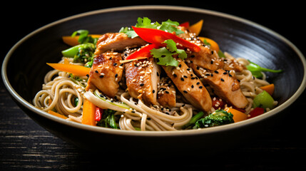 Asian Noodles with Sesame Chicken and Vegetables