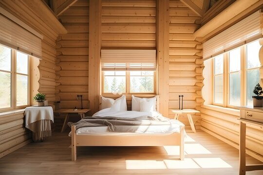 elegant wooden cottage bedroom interior on sunny day