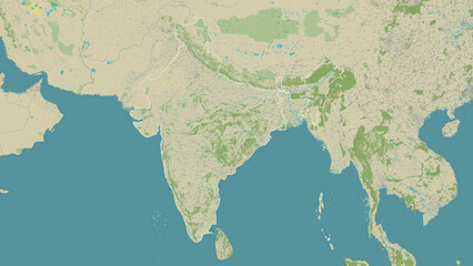 India outlined. OSM Topographic Humanitarian style map