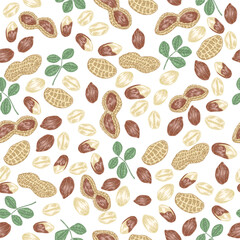 Peanut seamless pattern. Hand drawn Peanuts nuts and leaves. Vector illustration hand drawn.