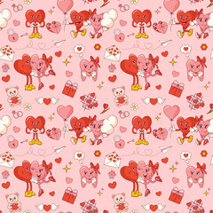 Seamless pattern with groovy hearts for Valentine's Day