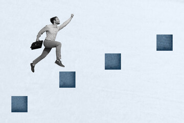 Creative collage image illustration monochrome effect young successful attractive man keep hold...