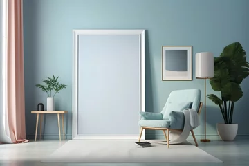 Deurstickers mockup photo frame in pastel color living room with blue walls and a hardwood floor, Photoshoot, Shot on 65mm lens, Shutter Speed 1 4000, F 1.8 White Balance, 32k, Super-Resolution, Pro Photo RGB, Hal © azure