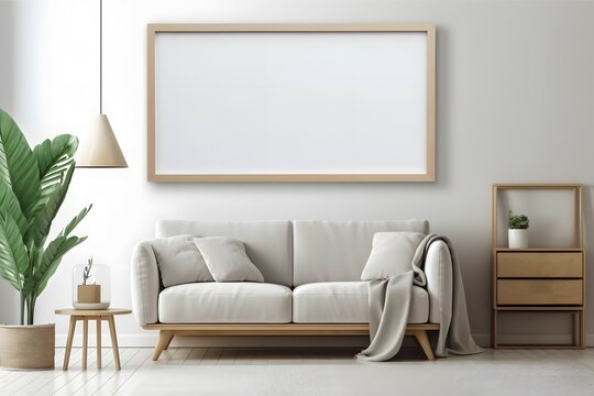 Blank wooden picture frame on wall in modern livingroom interior, mockup template, studio photo, Cinematic, Photoshoot, Shot on 65mm lens, Shutter Speed 1 4000, F 1.8 White Balance, 32k, Super-Resolut