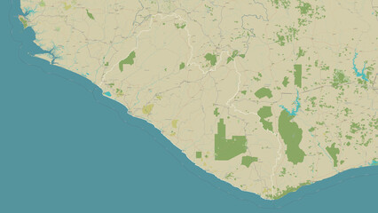 Liberia outlined. OSM Topographic Humanitarian style map