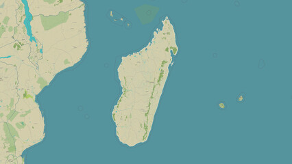 Madagascar outlined. OSM Topographic Humanitarian style map © zelwanka