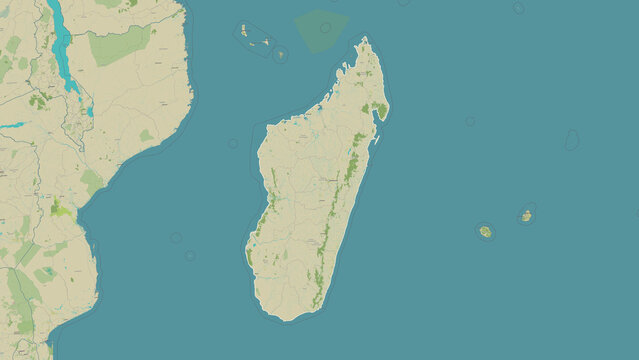 Madagascar outlined. OSM Topographic Humanitarian style map