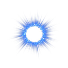 Blue magical fantasy portal. Round light frame, futuristic teleporter. Lighting effect. Blue neon lights illuminate night scene with sequins. Blue neon ring. Round shape with small particles. PNG.