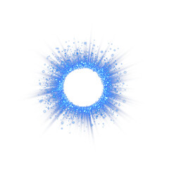 Blue magical fantasy portal. Round light frame, futuristic teleporter. Lighting effect. Blue neon lights illuminate night scene with sequins. Blue neon ring. Round shape with small particles. PNG.