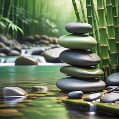 Fototapeta na wymiar Stacked stones on green bamboo background, empty copy space, background for spa and relaxation,