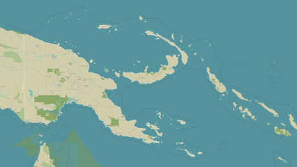 Papua New Guinea outlined. OSM Topographic Humanitarian style map