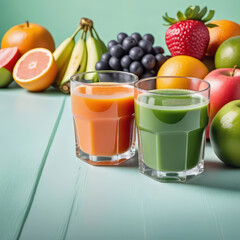 Fototapeta premium healthy fresh fruit and vegetable juice with fruits on empty wooden tabletop on light background, empty copy space