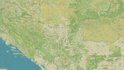 Fototapeta premium Serbia outlined. OSM Topographic Humanitarian style map