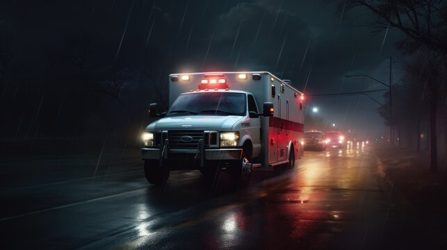 Ambulance driving on the road at night dramatic view. AI generated image