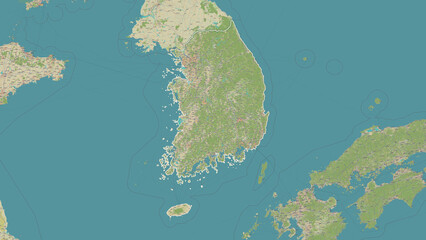 South Korea outlined. OSM Topographic Humanitarian style map