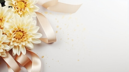 Fototapeta na wymiar Beautiful chrysanthemum flowers and ribbon on white