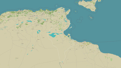 Tunisia outlined. OSM Topographic Humanitarian style map