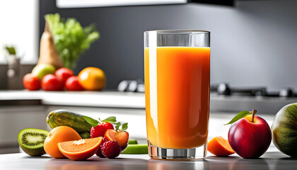 healthy fresh fruit and vegetable juice with fruits on empty wooden tabletop on light background, empty copy space