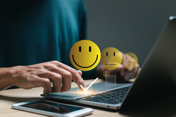 User rate satisfaction by smiling face, on online application. satisfaction feedback review, good quality most. Customer satisfaction service concept.