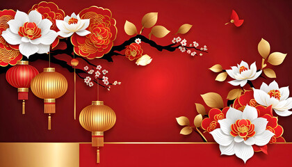 Fototapeta na wymiar vector illustration, Chinese New Year greetings, traditional Chinese floral patterns and red lanterns, blank background for copy,