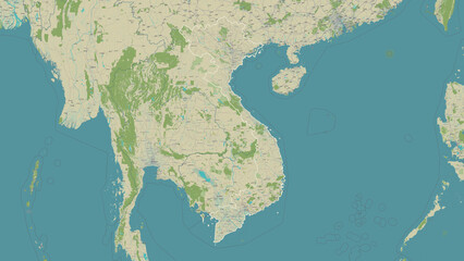 Vietnam outlined. OSM Topographic Humanitarian style map