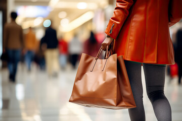 Mujer con bolso de compras caminando en un centro comercial. Vista desde atrás, comprando ropa y regalos en rebajas y descuentos comerciales. - obrazy, fototapety, plakaty