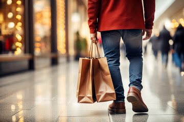 Vista desde atrás de hombre con bolsas en la mano en un centro comercial adquiriendo regalos y ropa con descuentos especiales para rebajas. - obrazy, fototapety, plakaty