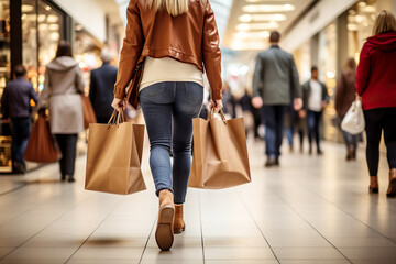 Vista desde atrás de una mujer con bolsas de compras en un centro comercial adquiriendo ropa y regalos en rebajas y ofertas comerciales.