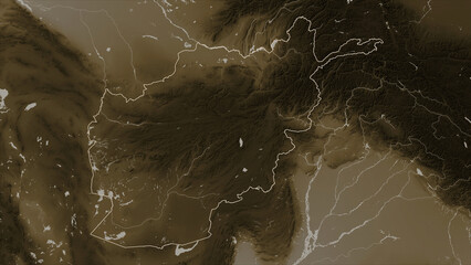 Afghanistan outlined. Sepia elevation map