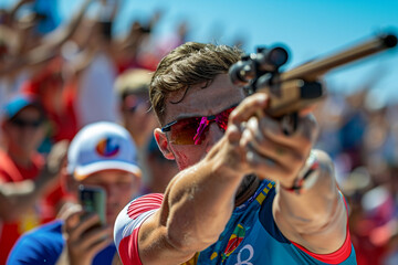 An athlete focusing on hitting targets during the combined shooting and running event, surrounded by cheering spectators - obrazy, fototapety, plakaty