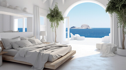 Santorini style white bedroom interior with beach view 
