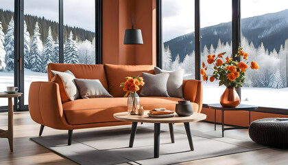 Fototapeta premium Cozy sofa with pillows and a coffee table by the window overlooking the winter forest, Scandinavian interior design of a modern living room in a chalet, Modern interior design with decoration,