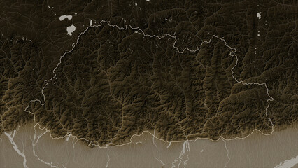 Bhutan outlined. Sepia elevation map