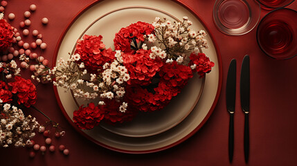 Valentine's Day Dinner Tablescape With Beautiful Red Flowers and Romantic Themed Decorations - Red Color Toned Plate Setting on Vintage Background - Holiday Concept