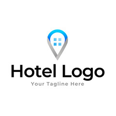 Hotel Logo. Hotel point logo vector. Pin icon with hotel symbol combination isolated on white background.
