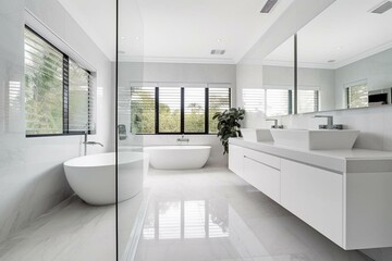 Contemporary white bathroom with ample natural light and exquisite tiling. Generative AI