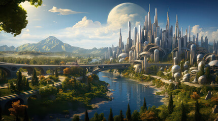 Fototapeta premium Eco-advanced cityscape with tall, sleek towers near tranquil river, beneath deep blue sky