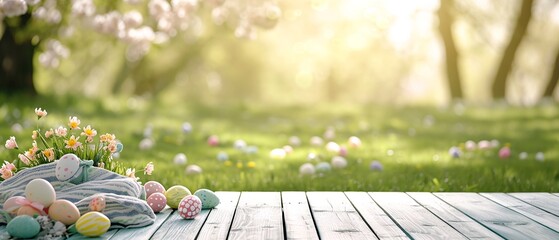 Pastel-Colored Easter Picnic Scene with Table Top and Copy Space

