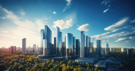 Glass business buildings rise amidst nature in modern sustainable city area in sunset lights - obrazy, fototapety, plakaty