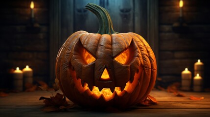 Spooky halloween pumpkin face: high-resolution 8k wallpaper stock photo for festive backgrounds