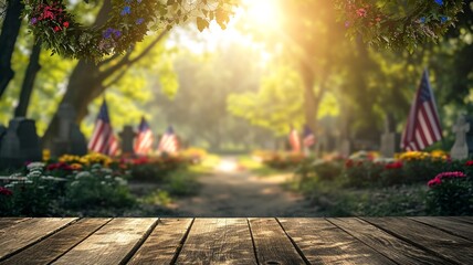 Solemn Cemetery Backdrop for Memorial Day with Table Top and Copy Space

