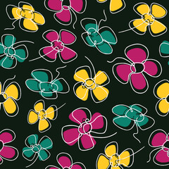Pattern Seamless Vector with Four Petals Flowers Black Background
