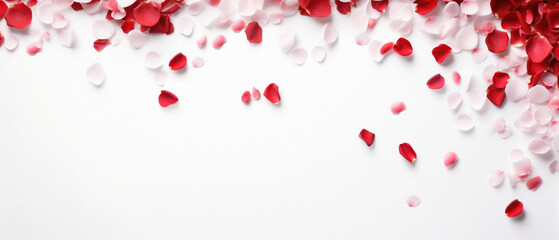 Valentine's day background with red and white rose petals.