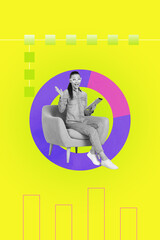 Vertical collage image of financial analyst project manager woman sitting armchair hold tablet control spends isolated on yellow background