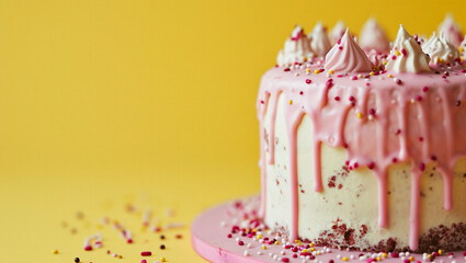 A delicious, delicate cake on a yellow background with pink icing. A birthday dessert that looks beautiful and appetizing.