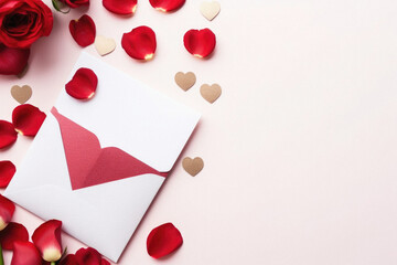 Red rose petals, envelope and hearts on pink background, valentine's day concept.