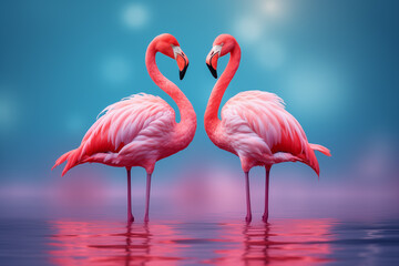 Obraz premium Pink flamingo on blue color in water. Generative ai