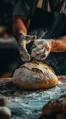 Artisan Baker Preparing Fresh Bread with Flour Dusting. Generative ai