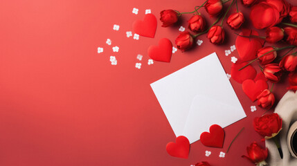 Valentine's day background with red roses, coffee cup and red hearts on red background.