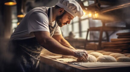 Artisan Baker Shaping Dough in Sunlit Bakery. Generative ai - obrazy, fototapety, plakaty